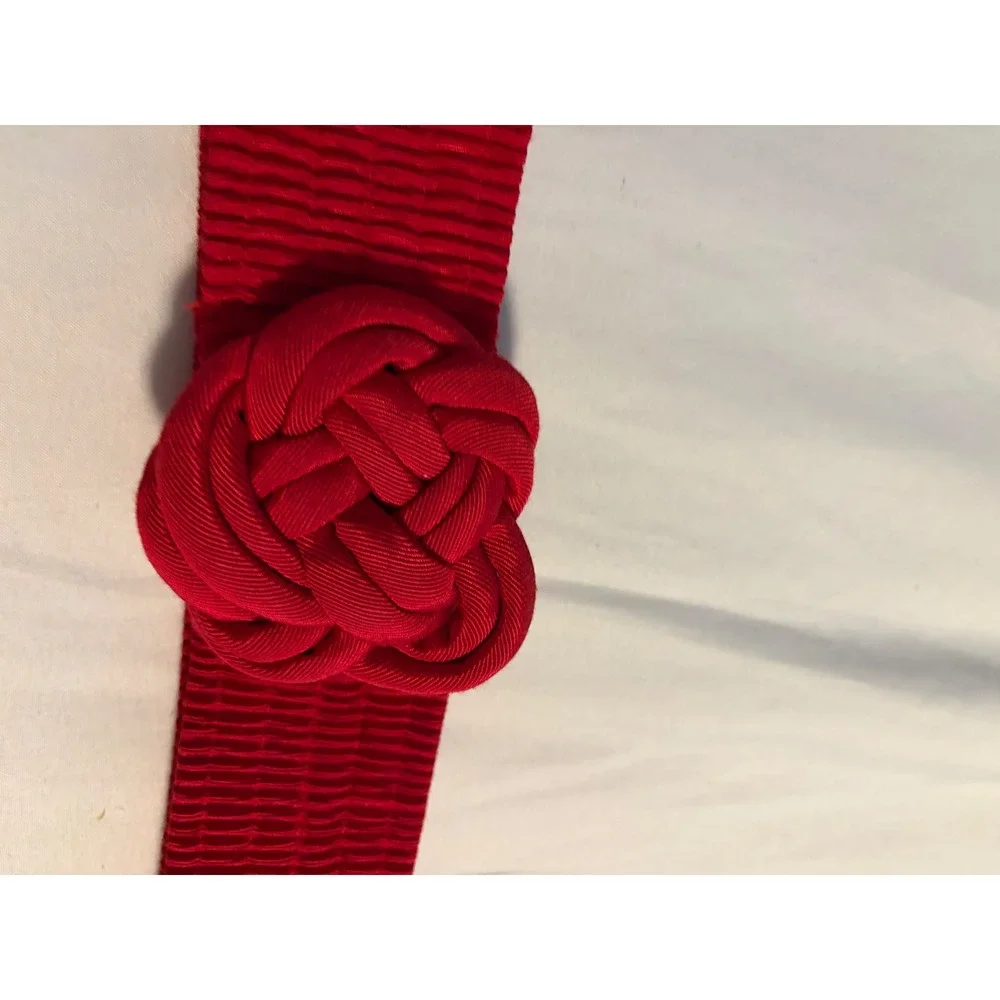 Elastic Cinch Belt Rose Knot Buckle Red Vintage Retro Waist Accessory 25.5in